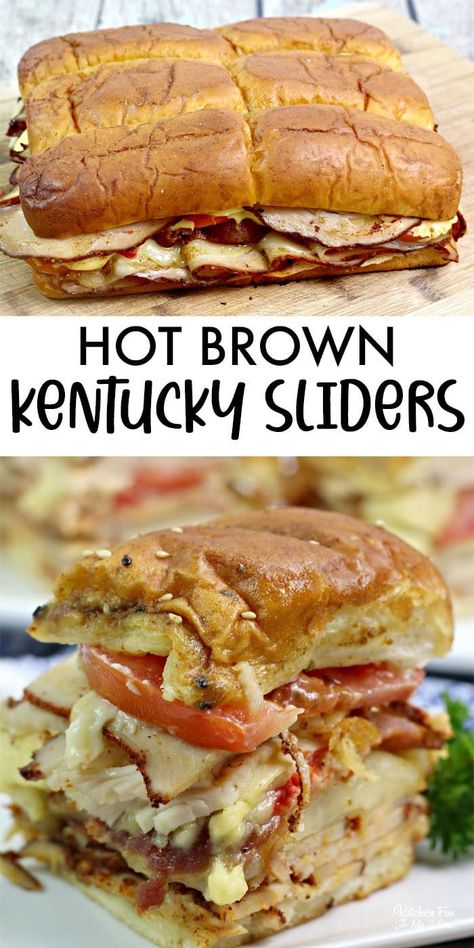 Sliders Thanksgiving, Hot Brown Sliders, Kentucky Hot Brown Sliders, Sliders Recipes Hawaiian Rolls, Hot Sandwich Recipes, Kentucky Hot Brown, Desserts Thanksgiving, Thanksgiving Menu Ideas Side Dishes, Slider Sandwiches