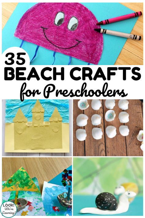 35 Easy PreK Beach Crafts for Kids - Look! We're Learning! Beach Craft Activities, Art To Do At The Beach, At The Beach Activities For Preschool, Beach Themed Art For Toddlers, Kids Beach Crafts Easy Diy, Beach Theme Toddler Crafts, Beach Art For Preschool, Beach Projects For Preschool, Beach Bash Crafts For Kids