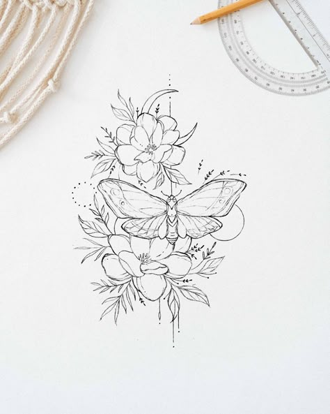 Moth Tattoo Sketch, Feminine Thigh Tattoos, Arm Sleeve Tattoos For Women, Small Shoulder Tattoos, Hip Thigh Tattoos, Flower Wrist Tattoos, Small Flower Tattoos, Moth Tattoo, Flower Tattoo Sleeve