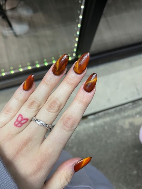 Almond Style Nails Fall, Cateye Fall Nails 2024, Aesthetic Thanksgiving Nails, Holiday Cat Eye Nails, Cat Eye Nails Almond Shape, Autumn Cat Eye Nails, Cat Eye Nails Orange, Orange Cateye Nails, Carnelian Nails