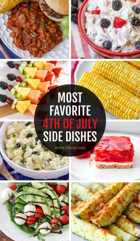 Whether you like vegetable and fruit sides, or a salad, this collection of 4th of July Side Dishes has something for everyone! #4thofjuly #sidedishes #sides #holidayrecipes #4thofjulyrecipes Tomato Mozzarella Salad Recipe, 4th Of July Side Dishes, Fruit Sides, Sausage Breakfast Casserole, Easy Fruit Salad Recipes, Grilled Asparagus Recipes, Layered Salad Recipes, Coleslaw Recipe Easy, Perfect Baked Potato