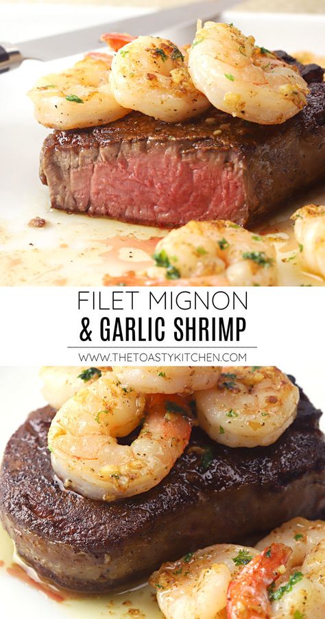 Filet Mignon With Shrimp Recipes, Filet Mignon And Shrimp Recipes, Filet Mignon And Shrimp, Surf And Turf Dinner, Buttery Garlic Shrimp, Surf N Turf Recipes, Filet Steak, Filet Mignon Recipes, Filet Mignon Steak