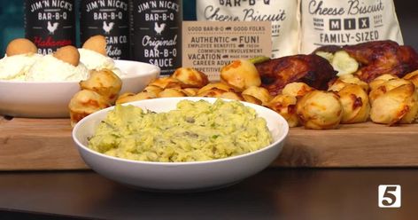 if you're feeding a crowd, this potato salad recipe from Jim 'N Nick's Bar-B-Q is a real crowd pleaser! Jim N Nicks, Best Potato Salad Recipe, Bbq Potatoes, Layered Salad Recipes, Layered Salad, Potato Salad Recipe, Cabbage Recipes, Potatoe Salad Recipe, Feeding A Crowd