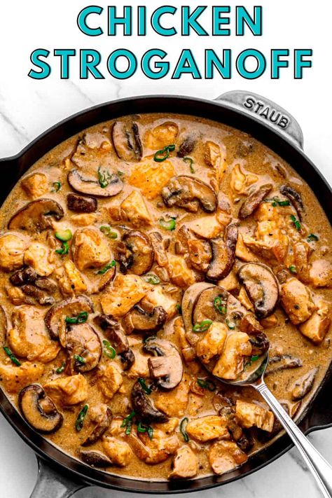 Satisfy your cravings with this irresistible Chicken Stroganoff recipe! This creamy and flavorful dish features tender chicken strips cooked to perfection in a rich sauce, served over a bed of fluffy egg noodles. Indulge in a comforting meal that will leave you wanting more. Buffalo Chicken Stroganoff, Easy Chicken Stroganoff 12 Tomatoes, Chicken Stroganoff Crock Pot, Chicken Strip Dinner Ideas, Crockpot Stroganoff, Chicken Mushroom Stroganoff, Creamy Chicken Stroganoff, Slow Cooker Chicken Stroganoff, Chicken Stroganoff Recipe