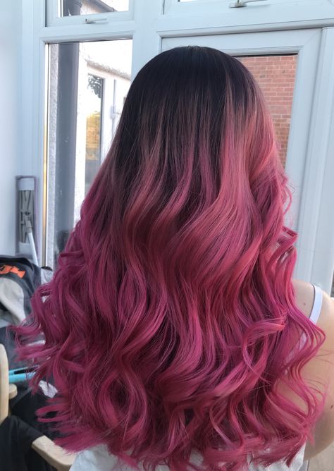 Black Root Pink Hair, Hot Pink Ends Hair, Professional Pink Hair, Dark Roots Pink Hair Balayage, Pink Hair With Brown Roots, Brown Hair With Pink Ends, Pink Ends Hair, Pink Hair Ends, Pink Hair Dark Roots