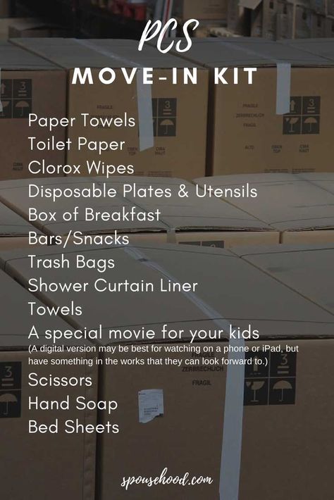 PCS Move-in Kit Moving House Packing, Pcs Move, Moving Kit, Moving House Tips, Moving Hacks Packing, Moving Help, Military Wife Life, New Home Checklist, Military Move