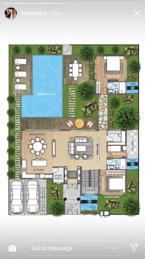 Pool House Plans, Courtyard House Plans, Villa Plan, Home Design Floor Plans, House Construction Plan, Model House Plan, House Layout Plans, Architectural House Plans, Landscape Design Plans