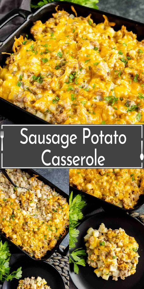 This easy, cheesy, sausage and potato casserole is a simple dish that is perfect for weeknight family dinners! Sausage and Potatoes Casserole is a delightful dish that brings together juicy sausages and tender potatoes in a symphony of taste. Baked to perfection, this casserole is a staple in many households, known for its simplicity and satisfying nature. Ground Sausage Skillet Recipes, Ground Sausage And Potatoes Crockpot, Ground Sausage Recipes For Dinner, Utah Scones, Sausage And Potato Casserole, Italian Sausage Casserole, Potatoes Loaded, Sausage And Potato Bake, Sausage Potato Casserole