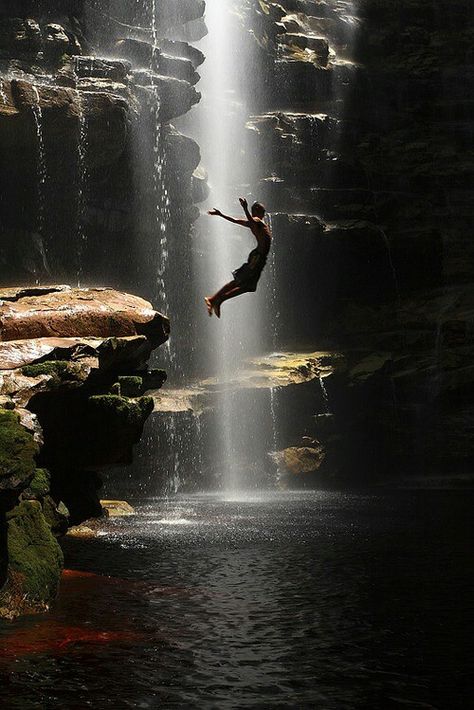 Cliff Jumping At  The Falls Bahia Brazil, Into The Water, Amazing Nature Photos, Kamikaze, John Muir, Amazing Nature, White Photography, Nature Photos, Beautiful World