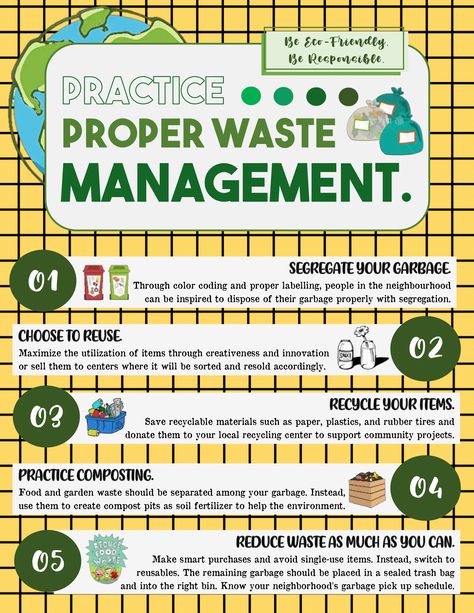 Waste Disposal is a usual part of our daily routines. As the world continues to advance, plastics and other materials were created for convenience. However, it is unavoidable for the citizens to properly manage their wastes that comes mostly from our homes. Through this, waste segregation are not just encourage to achieve an effective waste management. But, it is also strictly implemented as most countries have laws that could charge fine and imprisonment for those who would violate it.  In the Waste Segregation Infographic, Solid Waste Management Infographic, Waste Management Projects Ideas, Waste Disposal Poster, Waste Management Infographic, Proper Waste Management Poster, Proper Waste Disposal Poster, Solid Waste Management Poster, Waste Segregation Poster