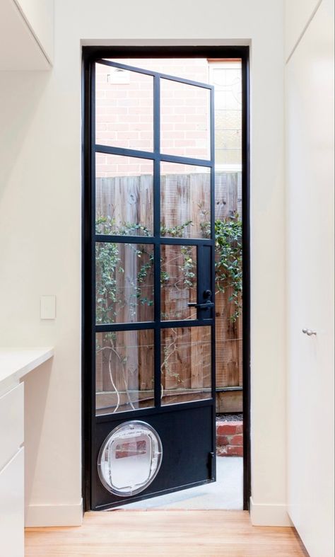 Laundry Door With Dog Door, Steel Glass Doors Exterior, Glass Door With Doggie Door, Interior Dog Door, Small Patio Doors Ideas, French Door With Dog Door, Patio Doors With Dog Door, French Doors With Doggie Door, Doggy Doors To Outside