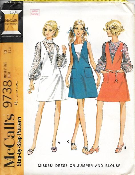 mccall's 9738 - 60s dress or jumper and blouse, c. 1969 Jumper Dress Pattern, Vintage Clothes Patterns, Blouse Sewing Pattern, Blouse Sewing, Sixties Fashion, Blouse Pattern Sewing, Blouse Sleeveless, Fashion Sewing Pattern, Fashion Design Sketches