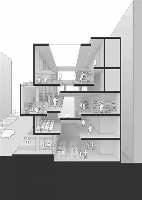 Library Section Architecture, Sectional Axonometric Architecture, Detailed Section Architecture, Long Section Architecture, Library Project Architecture, Stairs Section, Architecture Section Drawing, 3d Section, Stairs Floor Plan