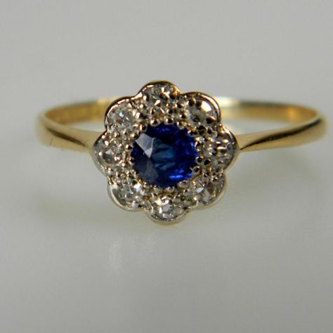 Sold? Edwardian Sapphire and Diamond Cluster Ring | DB Gems Vintage Sapphire Cluster Ring, Heirloom Gold Sapphire Cluster Ring, Vintage Blue Sapphire Cluster Ring, Victorian Hallmarked Cluster Ring, Edwardian Cluster Ring, Sapphire Cluster Ring, Cluster Rings, Garnet And Gold, Diamond Cluster Ring