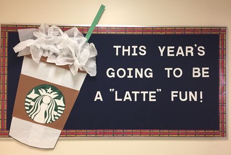 Welcome New Staff Bulletin Board, Pto News Bulletin Board, Back To The Daily Grind Bulletin Board, Boba Bulletin Board, Back To School Bulletin Boards Cafeteria, Welcome Back High School Bulletin Board, Bulletin Board Themes College, Welcome To Class Bulletin Board, Preschool Bulliten Boards