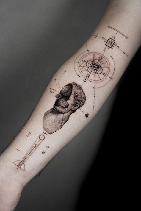 Tattoos About Consciousness, Line Art Tattoo Geometric, Hand Arm Tattoo, Consciousness Tattoo, Arm Tattoo Inspiration, Cosmos Tattoo, Tattoo Line Art, Cosmic Tattoo, Micro Realism