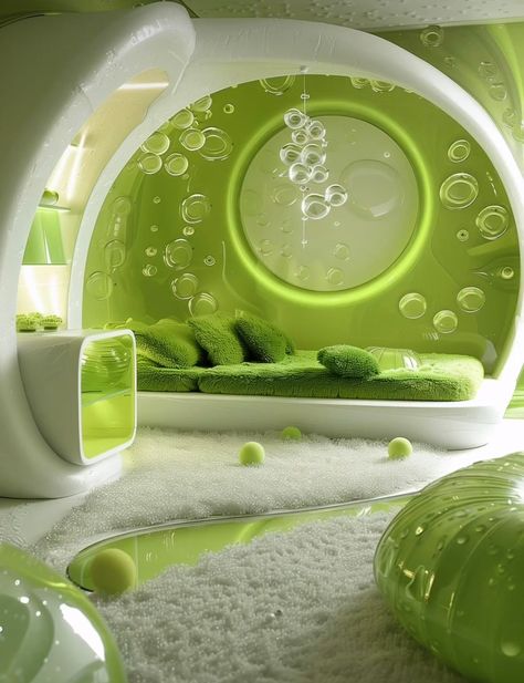 Green Room Aesthetic, Futuristic Bedroom Design, Aesthetic Bubbles, Green Futuristic, Futuristic Room, Futuristic Bedroom, Futuristic Y2k, Aquarium Pictures, Y2k Room