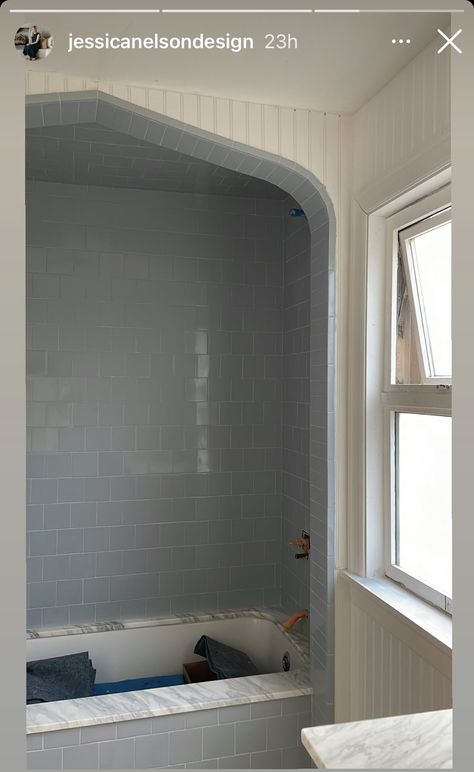 Beadboard Around Tub, Tiled Archway Bathroom, Small Alcove Bathtub, Windows Above Bathtub, Tub Built In, Arch Over Tub, Stacked Shower Niche, Tile Drop In Tub, Turn Of The Century Bathroom