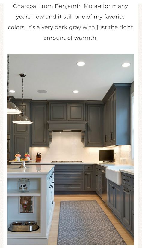 BM Kendall Charcoal - darker cabinet color Charcoal Painted Cabinets, Charcoal Kitchen Cabinets Farmhouse, Kendall Charcoal Cabinets Kitchens, Kitchen Remodel Charcoal Cabinets, Dark Grey Cabinets, Charcoal Grey Kitchen Cabinets, Charcoal Grey Kitchen Cabinets Farmhouse, Charcoal Gray Kitchen Cabinets, Dark Gray Kitchen Cabinets