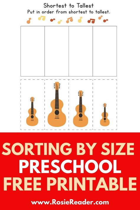 Grab a guitar then another for this sorting by size preschool FREE printable! Sorting By Size, Shape Activities Kindergarten, Sort By Size, Preschool Music Activities, Music Activities For Kids, Size Sorting, Music Math, Shape Activities Preschool, Kindergarten Music