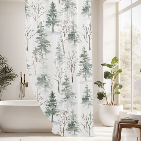 Beautiful rustic winter forest pink tree pattern shower curtain set on a neutral white background #ad Woodland Baby Room, Wilderness Nursery, Tree Shower Curtain, Tree Curtains, Forest Animal Nursery, Cozy Nursery, Pink Tree, Pink Trees, Tree Pattern