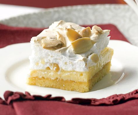 Lemon and almond meringue slice Lemon Meringue Recipe, Almond Meringue, Three Milk Cake, Comfort Food Desserts, Condensed Milk Cookies, Lemon Recipe, Coconut Slice, Slice Recipe, Meringue Recipe