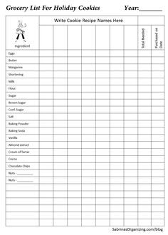 Cookie Ingredients Chart, Grocery List For Holiday Cookies, Baking Ingredients List, Cookie Baking Tips, Stain Concrete, Holiday Baking List, Grocery List Printable, Menu Planner, Cookies Baking