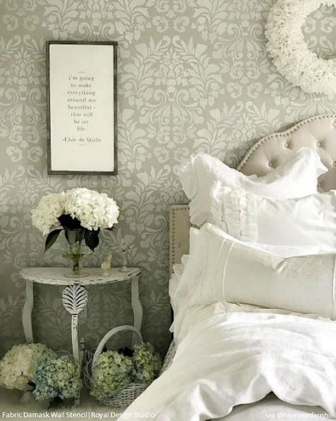 Stencil Your Bedroom Walls with a Classic Damask Wallpaper Look - French Country Farmhouse Style Bedroom Makeover by Home on Fern Hill - Fabric Damask Wall Stencils by Royal Design Studio Modern Farmhouse Powder Room, Farmhouse Bedroom Wall Decor, Damask Wallpaper Bedroom, Farmhouse Style Bedroom, Damask Wall Stencils, Farmhouse Style Bedroom Decor, Rustic Farmhouse Bedroom, Damask Wall, Farmhouse Style Bedrooms