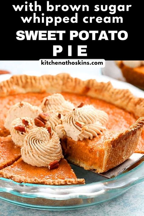 Sweet Potato Pie features a buttery, flaky crust filled with an ultra-creamy, smooth sweet potato filling and topped with clouds of brown sugar whipped cream. It is bursting with flavor and doesn't crack as it cools! Sweet Potato Pie Recipes, Pie With Condensed Milk, Homemade Sweet Potato Pie, Sweet Potato Pie Southern, Potato Pie Recipe, Gluten Free Sweet Potato, Potato Waffles, Sweet Potato Pies Recipes, Sweet Potato Waffles