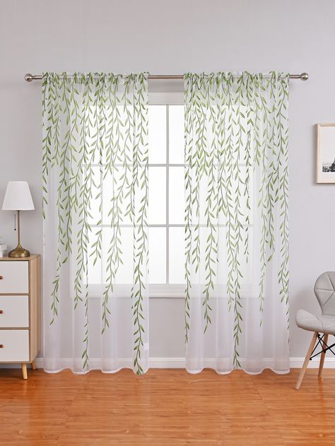 Curtains With Ivy, Ikea Green Leaf Curtains, Vines Made Into Curtain Rods, Enchanted Forest Drapes, Fake Ivy Canopy Over Bed, Ivy Corner Bedroom, Green Sheer Curtains, Balkon Decor, Leaf Curtains