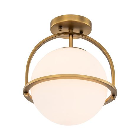 Introducing a mesmeric fusion of mid-century and luxe modern styles with this opulent 1-light sphere ceiling light. Its streamlined semi-ring frame supports a wide milky white glass globe that creates a unique geometric silhouette, crowned with a vintage brass finish. This elegant opal glass globe semi flush mount lighting casts a warm, inviting glow, perfect for enhancing the atmosphere of any indoor room. Lights For Mudroom, Mudroom Pendant Light, Vintage Semi Flush Ceiling Lights, Mid Century Modern Hallway Lighting, Semi Flushmount Light, Library Lighting Ceiling, Mid Century Modern Flush Mount Lighting, Powder Room Ceiling Light, Lights For Laundry Room