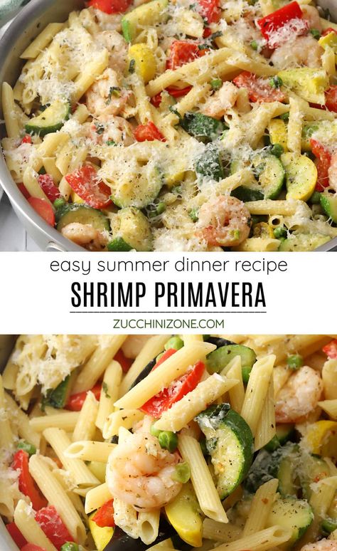 Shrimp primavera recipe by The Toasty Kitchen. Shrimp primavera is a flavorful, veggie-packed meal that's easy to make any time of year. Pasta, shrimp, and fresh seasonal veggies are tossed in a light lemon sauce to make this easy dish. #shrimpprimavera #primavera #dinnerideas #lightmeals #summer Salad Shrimp Pasta Recipes, Healthy Shrimp And Veggie Recipes, Summer Shrimp Pasta Recipes, Shrimp Primavera Recipe Olive Gardens, Pasta Primavera With Shrimp Recipes, Recipe With Shrimp Easy, Shrimp Pasta With Veggies, Shrimp Recipes With Vegetables, Shrimp Scampi With Vegetables