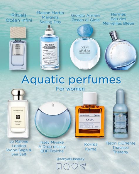 🌊 Fresh aquatic and oceanic perfumes for women ⬇️ ▫️ Rituals Océan Infini — such a gorgeous, refreshing oceanic scent with some musk. It’s not expensive too. ▫️ Maison Martin Margiela Sailing Day — one of the best oceanic scents I’ve ever tried, smells very clean and fresh. ▫️ Giorgio Armani Ocean di Gioia — a complex aquatic scent with green notes and juicy pear. I like their Acqua di Gioia too. Everyone seems to like these) ▫️ Hermès Eau des Merveilles Bleue — fresh and quite cold sc... Maison Margiela Sailing Day, Ocean Scent Perfume, Fresh Parfum For Women, Sea Salt Perfume, How To Smell Like Ocean, Aquatic Perfume For Women, Fresh Scent Perfume For Women, Smell Like Ocean, Rituals Perfume