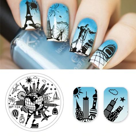 Travel Nails Designs, Travel Nails, Nail Art Templates, Cheap Nail Art, Image Nails, Round Plates, Cheap Nail, Travel Icon, Art Templates