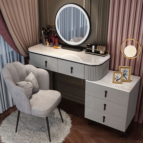 Modern Makeup Vanity Ideas, Bedroom Vanities, Colorful Bedroom Decor, Furniture Dressing Table, Table With Mirror, White Room Decor, Bedroom Minimalist, تصميم للمنزل العصري, Set Bedroom