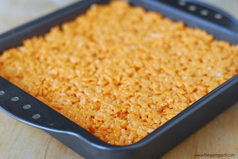 Orange Rice Krispie Treats Ride Krispie Treats Recipe, Orange Creamsicle Rice Krispie Treats, Ooey Gooey Bars Yellow Cake Mixes, Funfetti Gooey Bars, Creamsicle Bars, Gooey Bars Recipe, Fruity Pebble Bars, Froot Loop Rice Krispie Treats, Orange Rice