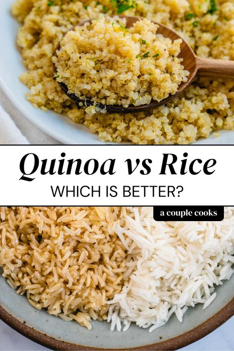 What are the differences of quinoa vs brown rice? Which is healthier? Here's what you need to know about these powerhouse whole grains. | quinoa recipes | brown rice | white rice | healthy recipes | #quinoa #rice #quinoavsrice #brownrice #whiterice #healthy Quinoa Vs Rice Nutrition Facts, Is Rice Healthy For You, White Quinoa Recipes, Brown Rice Quinoa Recipe, Healthy Brown Rice Recipes, Quinoa Vs Rice, Brown Rice And Quinoa Recipe, Rice Healthy Recipes, Brown Rice Recipes Healthy