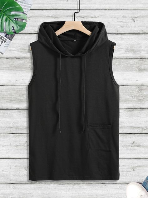 Black Casual  Sleeveless Polyester Plain  Embellished Slight Stretch  Men Tops Black Tank Top Outfit Men, Emo Boy Outfits, Hooded Tank Top, Tank Outfit, Aesthetic Grunge Outfit, Tank Top Outfits, Sleeveless Hoodie, Pinterest Outfits, Men Tops