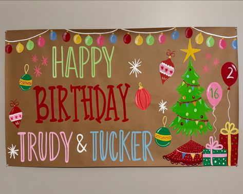 🎄✨ One banner, two birthdays, and a whole lot of Christmas cheer! Trudy’s Sweet 16 and Tucker’s 2nd Birthday came to life with this colorful and festive design. Mixing holiday and Birthday magic was so fun to paint! #christmasbirthday #sweet16 #2ndbirthday #brownpaperbanner #paintedsigns #holidaydecor Christmas Party Signs, Christmas Banner Painted, Painted Christmas Banner, Friendsmas Banner, Painted Banner Ideas, Kindergarten Christmas Party, Christmas Party Banner, Painted Banners, Painted Banner