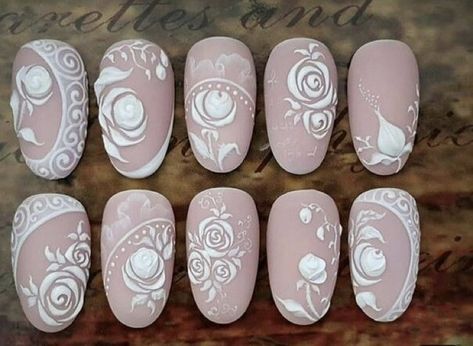 Nails Flower, Bridal Nail Art, Rose Nail Art, Lace Nails, White Nail Art, Rose Nails, Nail Art Wedding, Bride Nails, White Nail