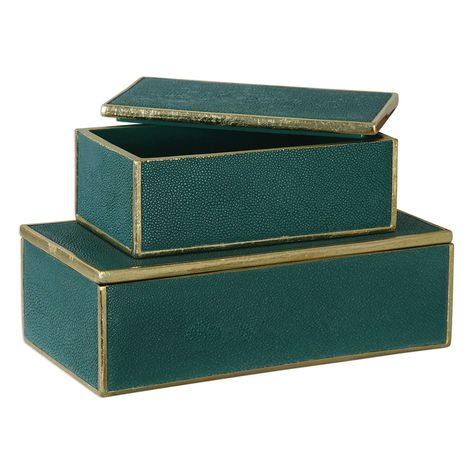 Karis Boxes, S/2 | Uttermost Decorative Storage Boxes, Clock Shop, Green Box, Print Decor, Mirror Shop, Luxury Aesthetic, Bright Gold, Box With Lid, 6 D