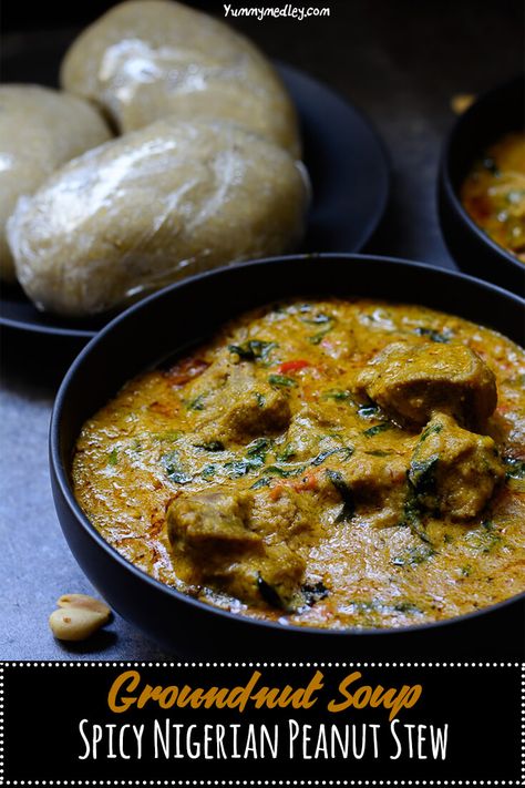 Nigerian Peanut Stew or Groundnut stew  (natively known as Nigerian Groundnut Soup) is a spicy Nigerian recipe variation of a delicious West African delicacy which is commonly eaten with rice, a starch like fufu, eba or pounded yam.  via @yummymedley Fufu Stew, Groundnut Stew, African Stew Recipes With Fufu, Fufu Recipe, Fufu Recipe Africans, West African Peanut Soup, African Peanut Soup, African Peanut Stew, Nigeria Food