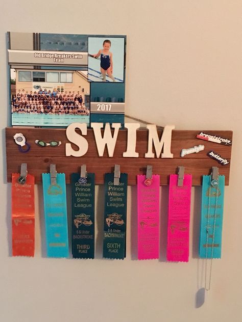 Swimming Ribbon Display, Sport Ribbon Display Ideas, Display Swim Ribbons, Swim Ribbons Display Ideas, Gymnastics Ribbon Display, How To Display Ribbons And Medals, Swim Team Ribbon Display Ideas, Swimming Ribbon Display Ideas, Track Ribbon Display Ideas