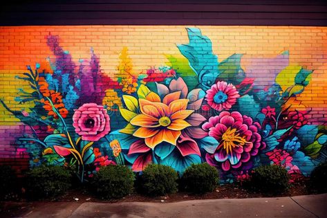 Urban graffiti art featuring mural of vibrant flower garden stock image Graffiti Art Flowers, Garden Graffiti, Graffiti Flowers, Mural Inspiration, Urban Graffiti, Fence Art, Sweet Art, Fence Paint, Mural Wall