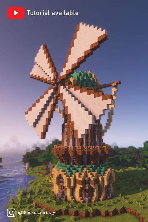 A big Minecraft windmill build. Tap image for Tutorial :) Minecraft Building Tutorials, Cottage Minecraft, Minecraft Steampunk, Windmill House, Blossom House, Minecraft Redstone, Minecraft Banner Designs, Minecraft Banners, Windmill Design