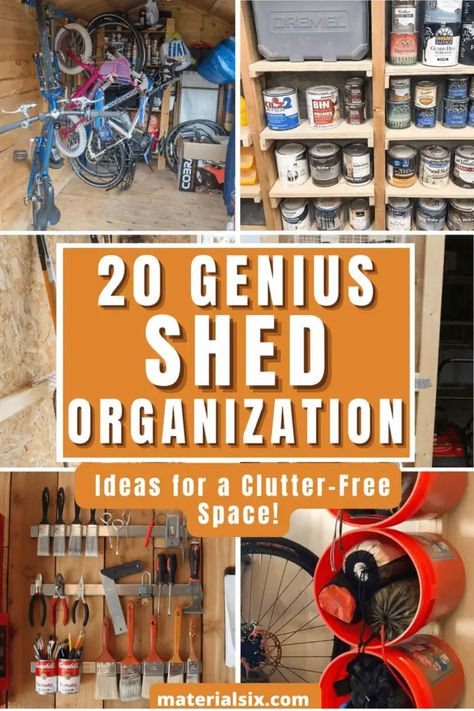 20 Genius Shed Organization Ideas for a Clutter-Free Space! Various tools, paint cans, and bicycles neatly organized inside a shed. Shed Organization Ideas, Spray Paint Storage, Organization Storage Ideas, Tool Wall Storage, Outdoor Toy Storage, Storage Shed Organization, Shed Floor, Garden Tool Organization, Shed Organization