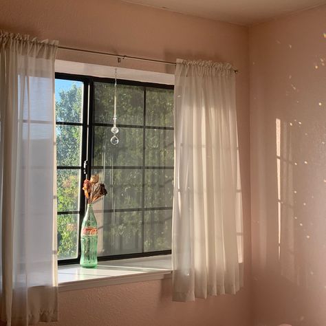 pretty window with white sheer curtains in the morning sun with rainbow sun catcher Bedroom Short Curtains, Short Curtains Bedroom Aesthetic, Curtain On Small Window, Cute Window Curtains, Cute Window Ideas, Short Wide Windows, Curtains Bedroom Small Window, Short Window Curtains Ideas, Small Window Ideas