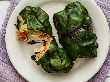 Swiss Chard Wraps With Chicken and Sweet Potato Recipe | SELF Chard Wraps, Wraps With Chicken, Chard Recipes Easy, Swiss Chard Recipes Easy, Low Cal Dinner, Wraps Vegan, Roasted Vegetable Lasagna, High Protein Recipes Dinner, Protein Dinner Recipes