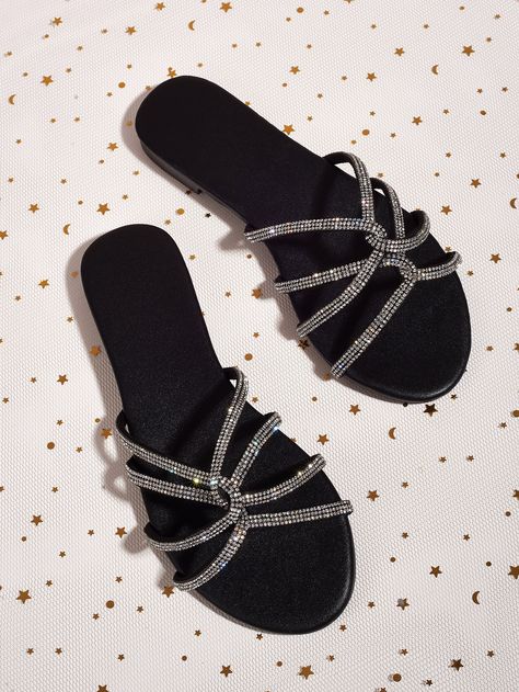 Black Glamorous    Plain Slides Embellished   Women Shoes Black Slide Sandals, Shoes Shein, Design Slide, Women Flat Sandals, Black Slides, Black Plain, Rhinestone Decor, Sandals Women, Womens Sandals Flat