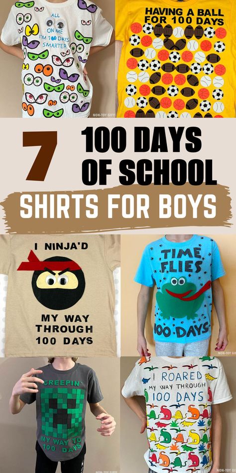 Celebrate the 100th day of school with these easy homemade DIY 100 days of school shirts for boys. Created especially for boys, these T-shirts are for kids who love dinosaurs, sports and Minecraft: I roared my way through 100 days, all eyes on me I am 100 days smarter, time flies 100 days, I ninja'd my way through 100 days, creeping my way to 100 days, having a ball for 100 days. You can make these simple DIY 100 days of school T-shirts for kids with just a few supplies. 100 Days Of School Shirts, 100days Of School Shirt, 100 Días De Clases, 100 Day Of School Project, School T Shirts, 100 Days Of School Shirt, Non Toy Gifts, Boy Diy, Shirts For Boys